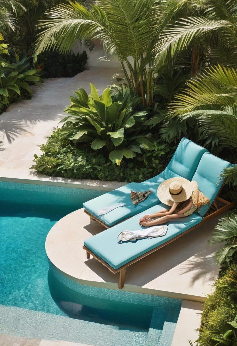 A luxurious poolside scene featuring elegant swimwear laid out on a sun lounger, surrounded by vibrant tropical plants and sparkling water. The sun is shining brightly, casting playful reflections on the water's surface, while a stylish beach hat and trendy sunglasses sit atop the swimwear for added flair. The atmosphere is inviting and relaxing, evoking feelings of paradise and luxury. Create a sense of chic elegance and warmth. super-realistic. vibrant colors. tropical theme.